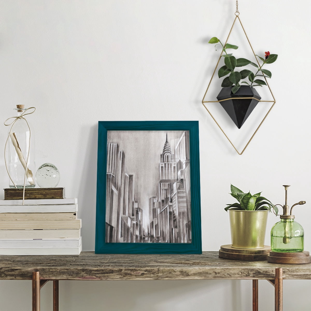 Art Deco Cityscape I -Framed Print w/glass-Ocean Blue