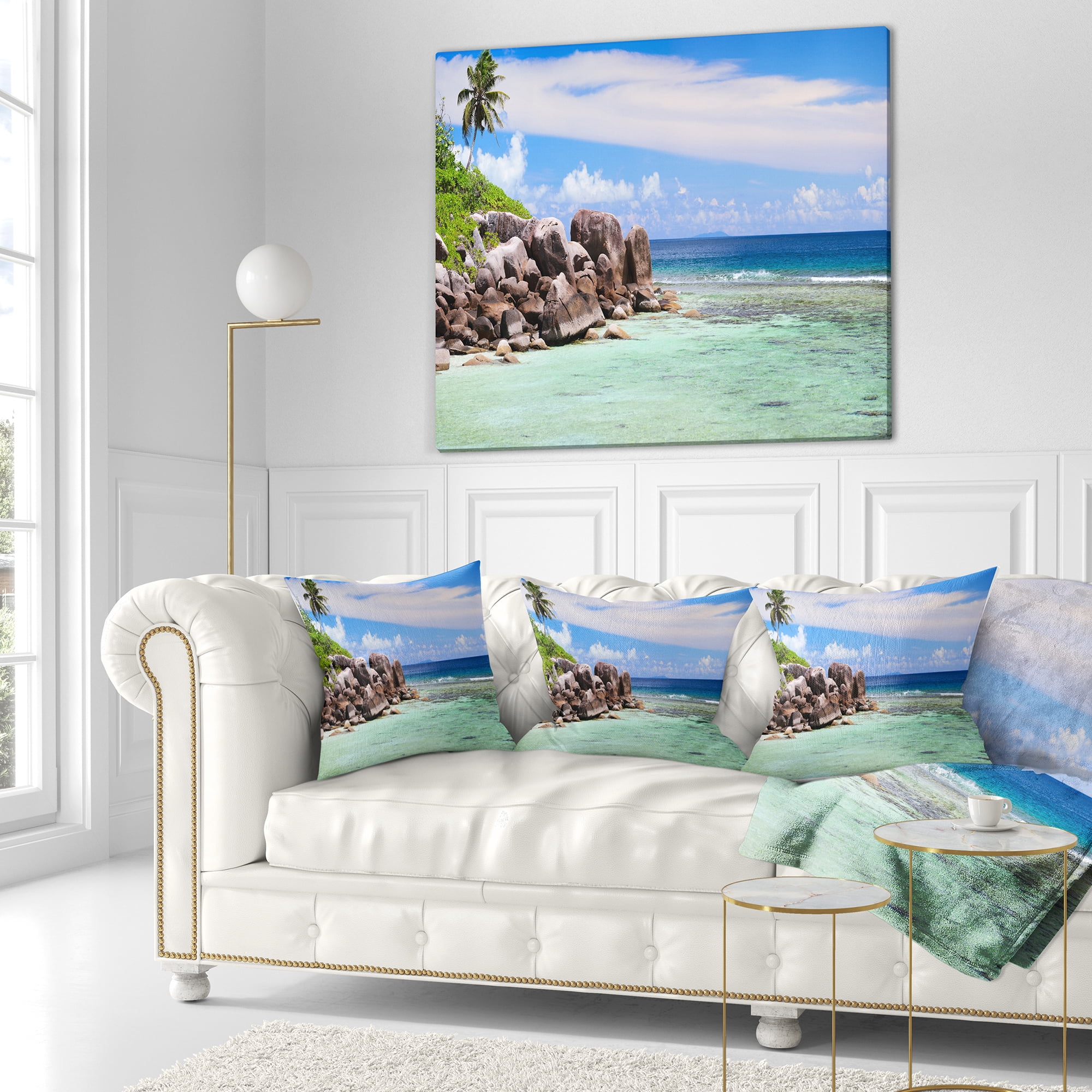 Designart Beautiful Seychelles Rocky Coast - Landscape Printed Throw Pillow - 18x18