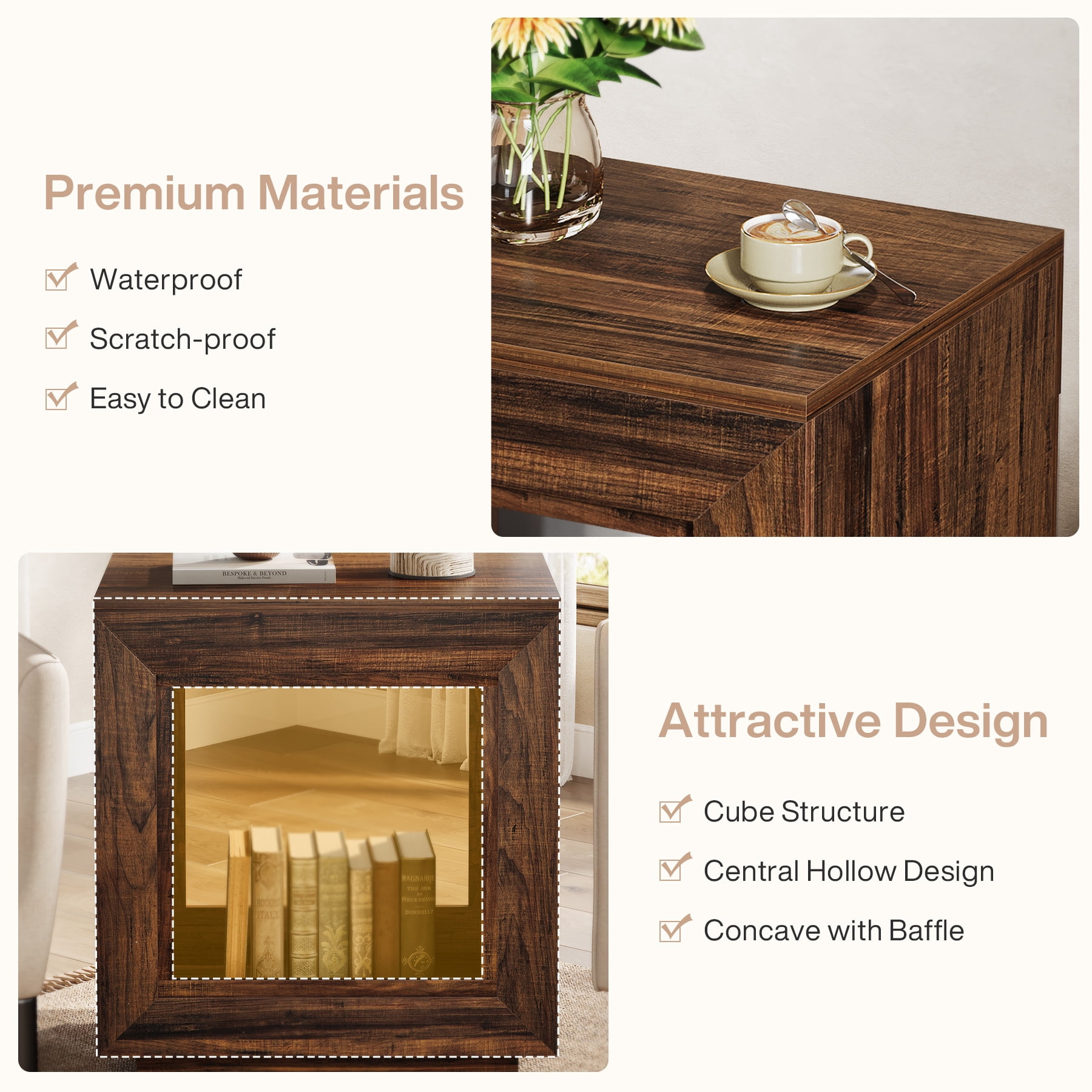 Fnova End Table Farmhouse Square Side Table with Storage, Wooden Sofa Table with Central Hollow Design, Modern Bedside Table, Easy Assembly, for Living Room, Bedroom, Nightstand, Dark Walnut