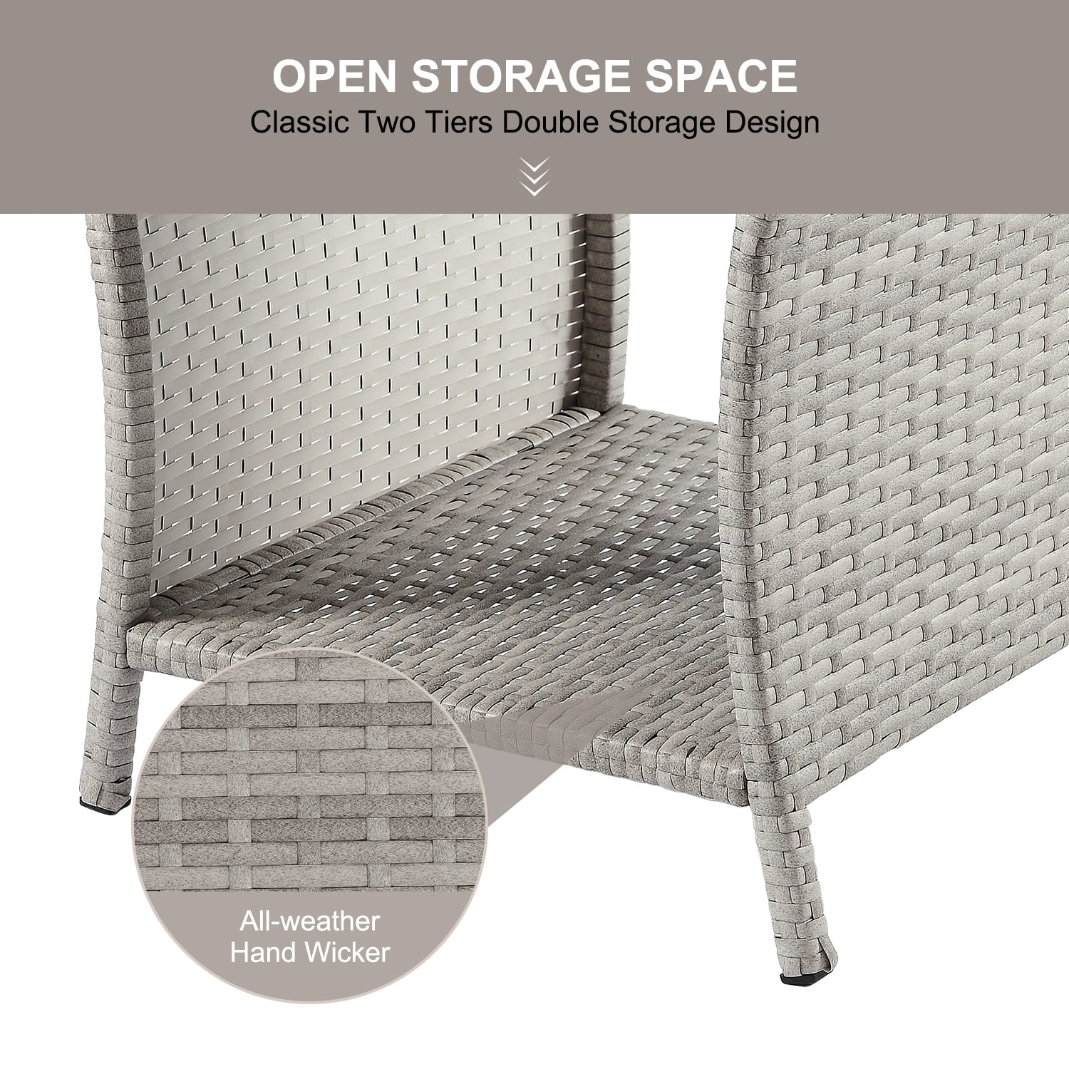 Outdoor Side Table for Patio Small Rattan Wicker Coffee Table Balcony Table Outside end Table with Poly Lumber Table top & Storage Bistro Table for Garden Pouch Deck Living Room Backyard Grey
