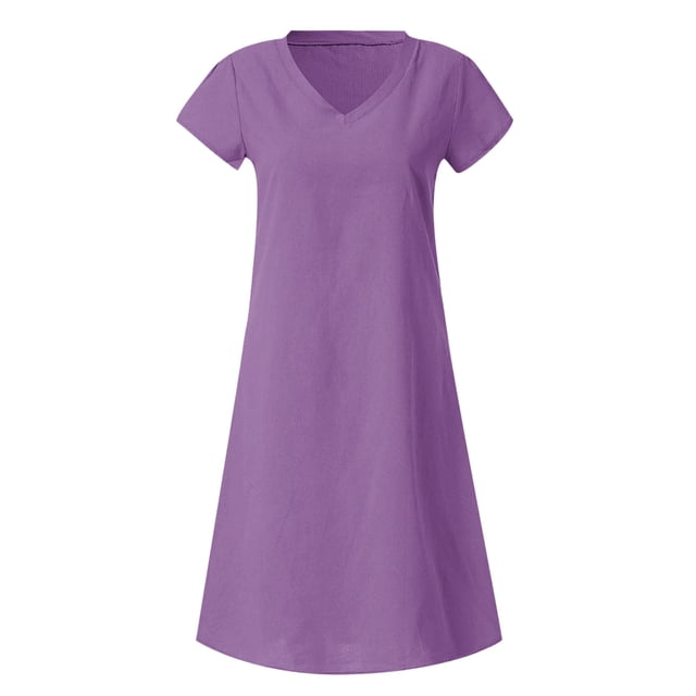 Babysbule Robes pour Femmes Liquidation Mode Femmes Ample Col en V Été Uni Manches Courtes Robe en Coton et Lin