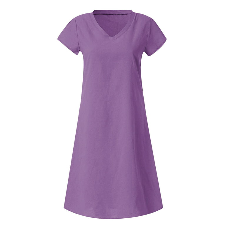 Homenesgenics Sale Clearance! Summer Dresses for Women Clearance under $10 Free  Shipping Fashion Women Loose V-Neck Summer Solid Short Sleeve Cotton and  Linen Dress 