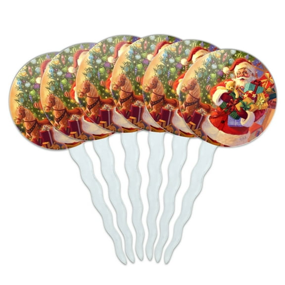 Christmas Holiday Santa Delivering Toys Cupcake Picks Toppers Decoration Set of 6