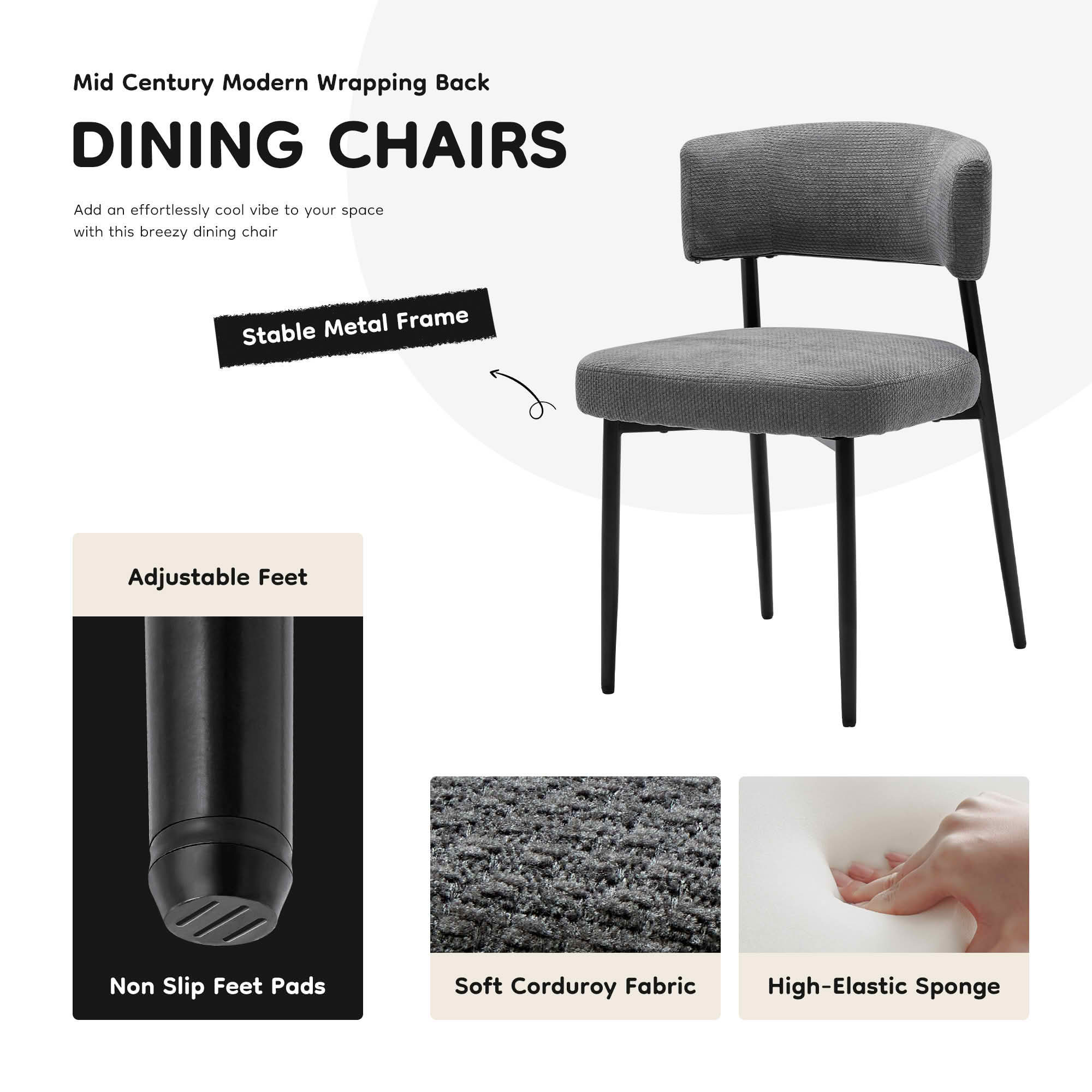 MAYEERTY Set of 4 Upholstered Modern Dining Chairs Curved Back Sturdy Metal Frame