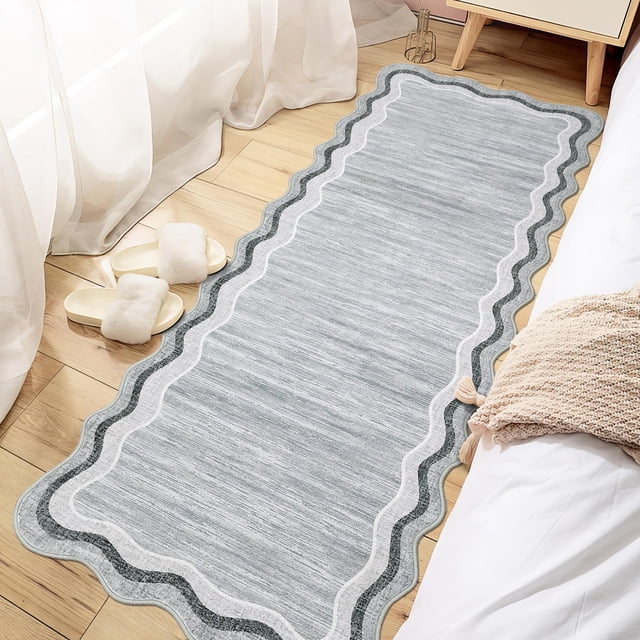 Washable Scalloped Runner Rug 2x6ft – Non-Slip, Soft Low Pile Modern Carpet for Entryway, Kitchen, Hallway, Bedroom – Mark Resistant Floor Mat – Gray Tone, USA