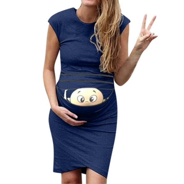 CHUANK Liquidation Vêtements de Maternité en Polyester pour Femmes Été Nouveau Col Rond Sans Manches Couleur Unie Imprimé Robe Mignonne Grossesse