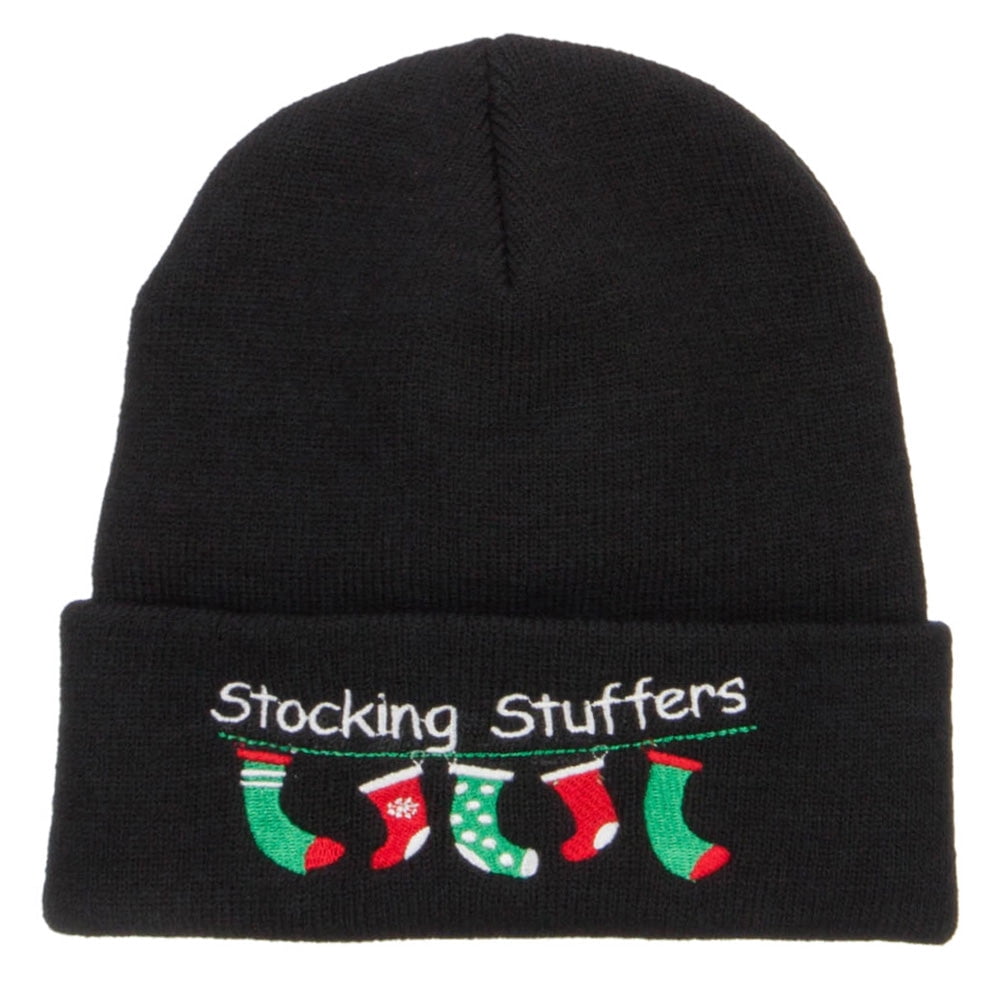Christmas Stocking Stuffers Embroidered Long Beanie - Black OSFM