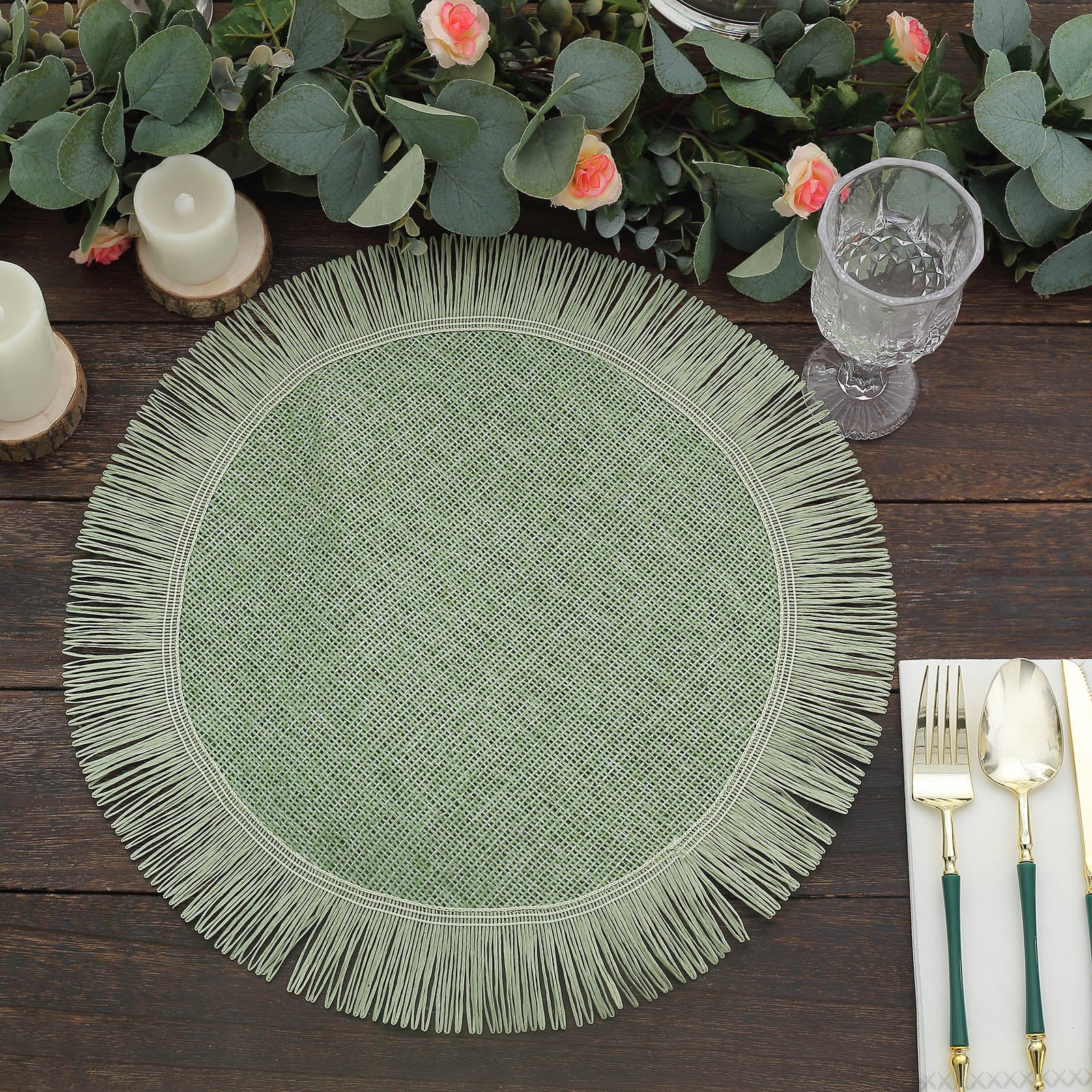 Efavormart 4 Pack 16" Sage Green Jute Boho Chic Fringe Edge Table