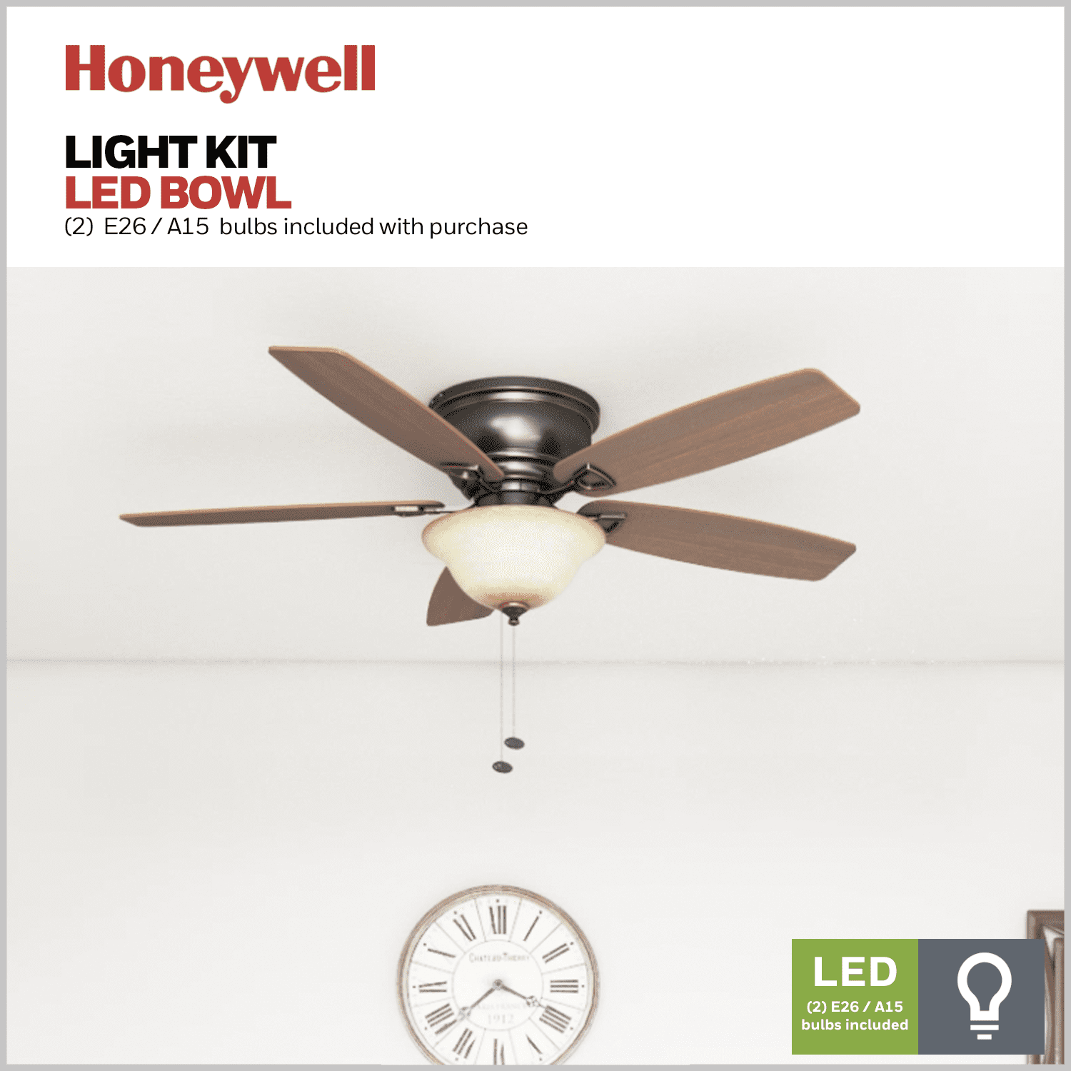 Honeywell Glen Alden 52" Bronze Low Profile Ceiling Fan with 5 Blades, Bowl Light Kit, Pull Chains & Reverse Airflow