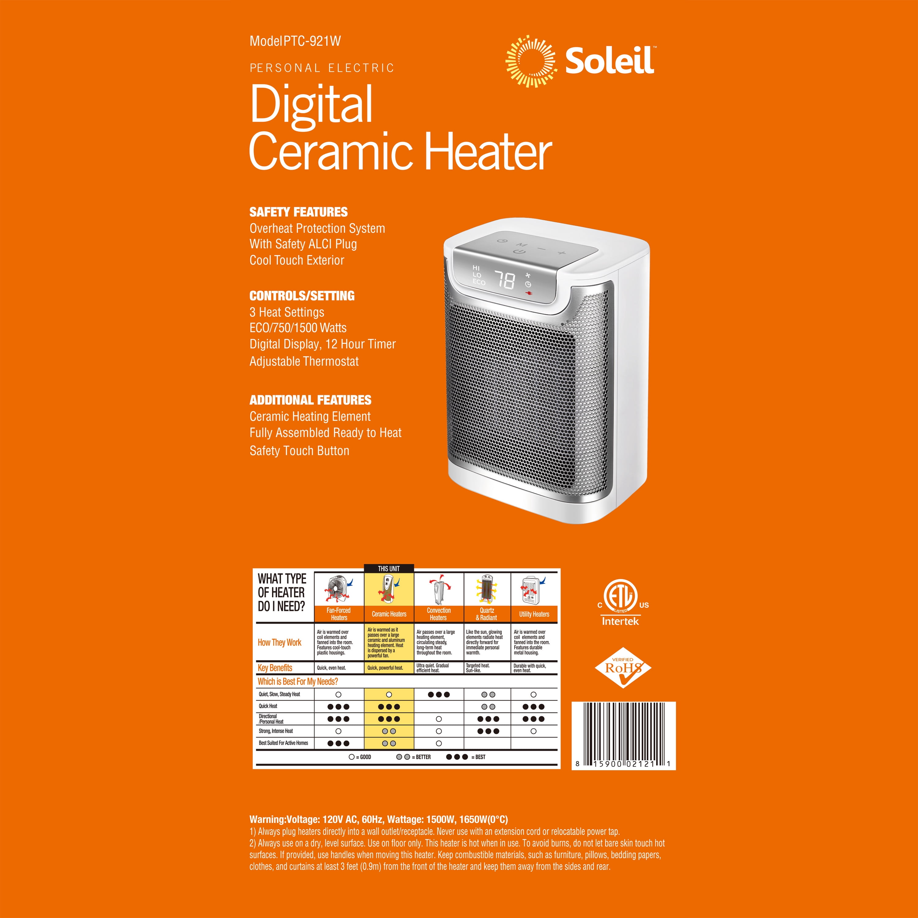 (4 pack) Soleil 1500W Ceramic Fan-Force Electric Space Heater With ALCI Plug, Indoor Use Only,White, New