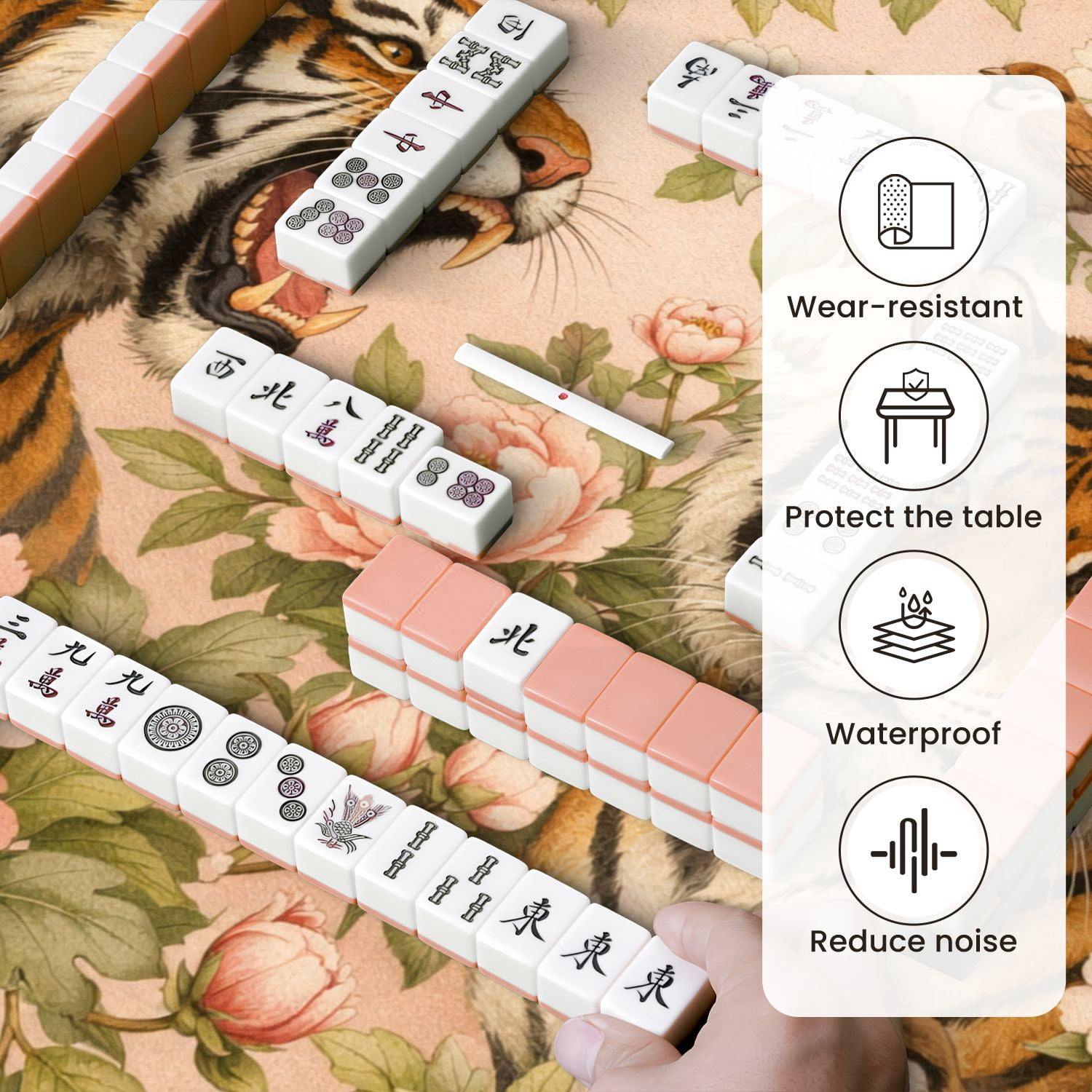 Mahjong Mat 31.5" x 31.5" Majestic Tigers Blooming Peonies Birds Floral Garden Non-Slip Noise Reduction Mahjong Tiles Table Cover for Dominoes Poker Card Board and Tile Games