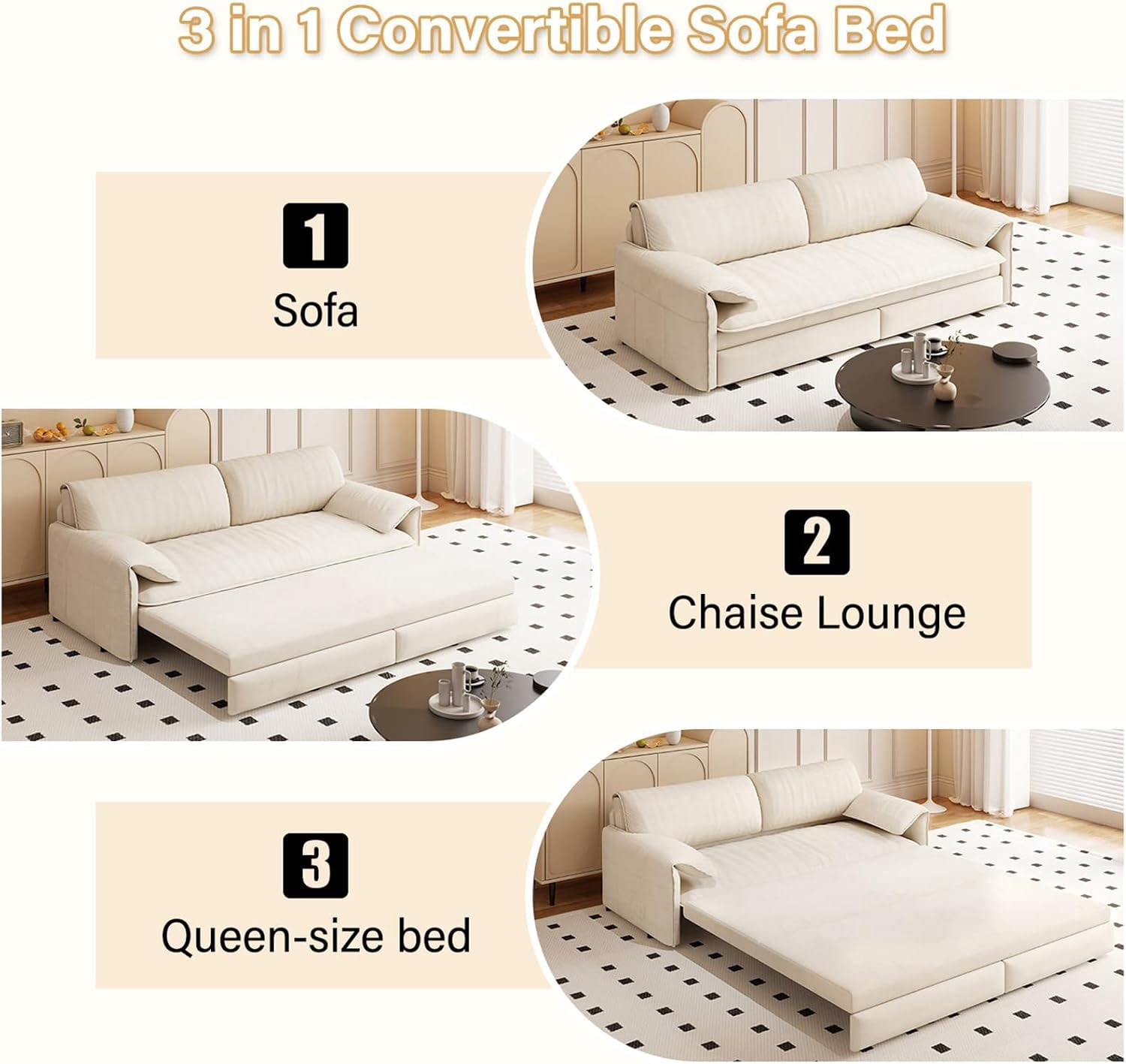 66" Queen Pull Out Sleeper Sofa, 3‑in‑1 Velvet Convertible Loveseat with Side Storage for Apartment Bedroom
