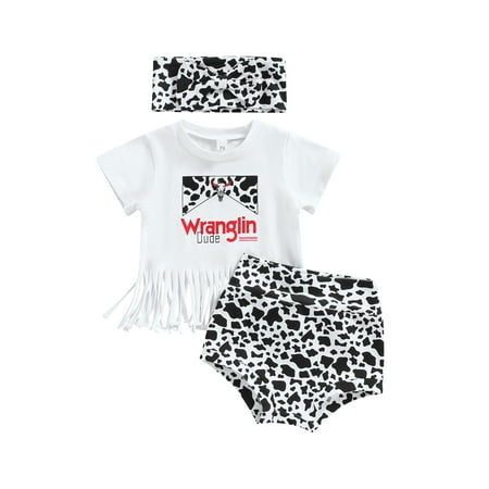 

Muasaaluxi Baby Girls Summer Outfit Sets Short Sleeve Tassel Tops + Rabbit/Cow Print Shorts + Headband