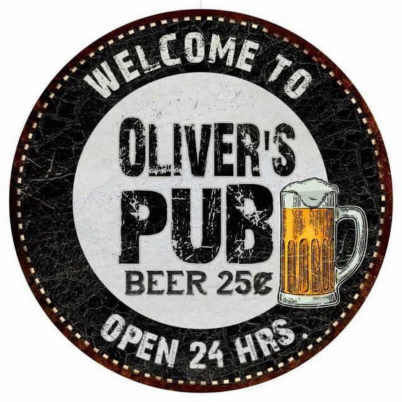Oliver's Pub 12" Round Metal Sign Beer Bar Black Wall Décor Gift 200120039334