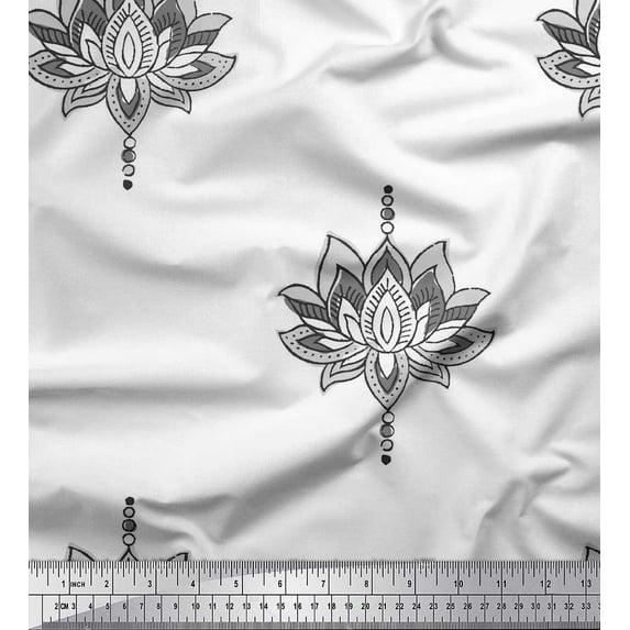 Soimoi Viscose Chiffon Fabric Dot & Lotus Block Printed Fabric 1 Yard 42 Inch Wide