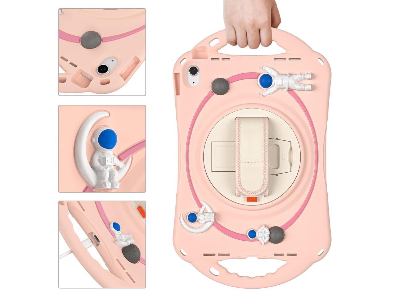 Cute Case for Apple iPad 10th Generation 10.9 inch 2022, Shockproof Silicone Astronaut Cover with Stand Shoulder Strap, Handle Grip, Pencil Holder Pink
