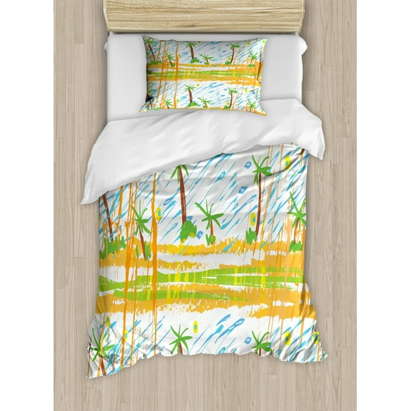 Palm Tree Twin Size Duvet Cover Set, Stained Grungy Childish Drawing Style Rainy and Tropical Forest Artful Pattern, Decorative 2 Piece Bedding Set with 1 Pillow Sham, Multicolor, by Ambesonne