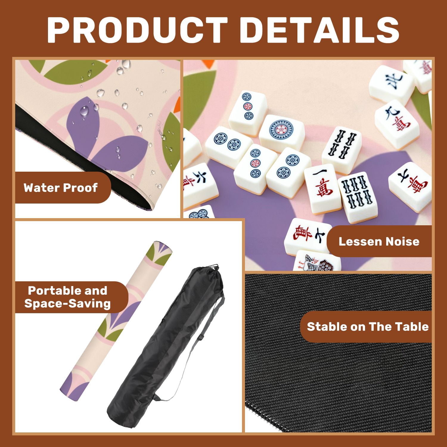 Mahjong Mat 31.5" x 31.5" Retro Floral Purple Petals Green Leaves Orange Accents Light Non-Slip Noise Reduction American Mahjong Tiles Table Cover for Dominoes Poker Card Board Games Gift