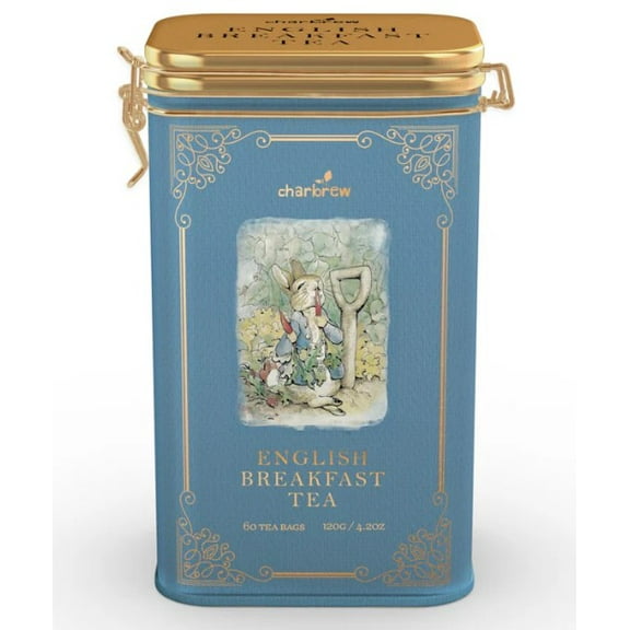 CHARBREW ENGLISH  BREAKFAST TEA IN CLAMP TIN- PETER RABBIT 60 TEA BAGS EXP 12/27