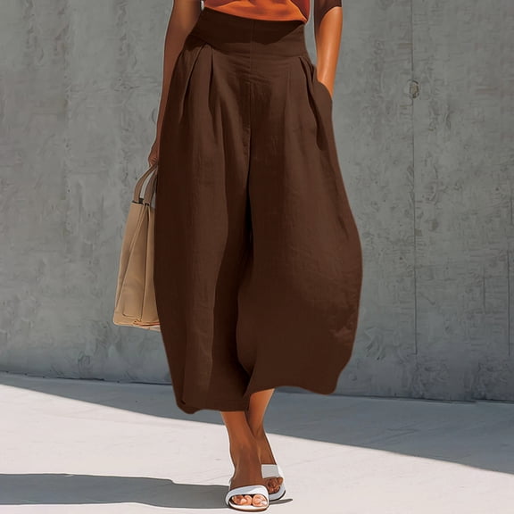 Women's Baggy Linen Culottes High Waist Pleated Capris Loose Fitting Casual Cropped Pants with Pockets for Boho Summer Brown M