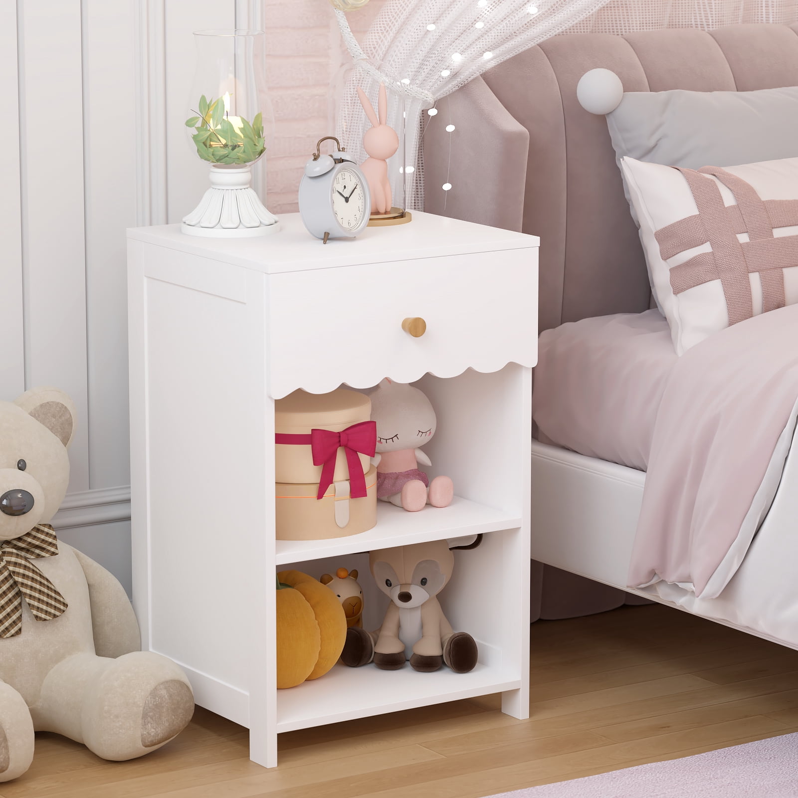 Yoneston Elegant 3-Tier Open Shelf Nightstand with Drawer Storage for Kid's Room Bedside Bedroom, Snow White