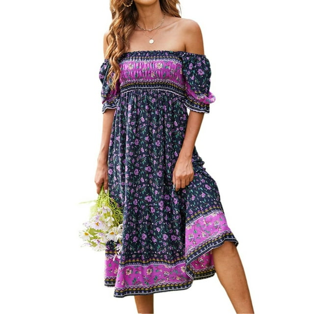 Faithtur Robe d'Été Bohème pour Femmes Manches Courtes Poitrine Plissée Motif Floral Style Boho Jupe à Gâteau
