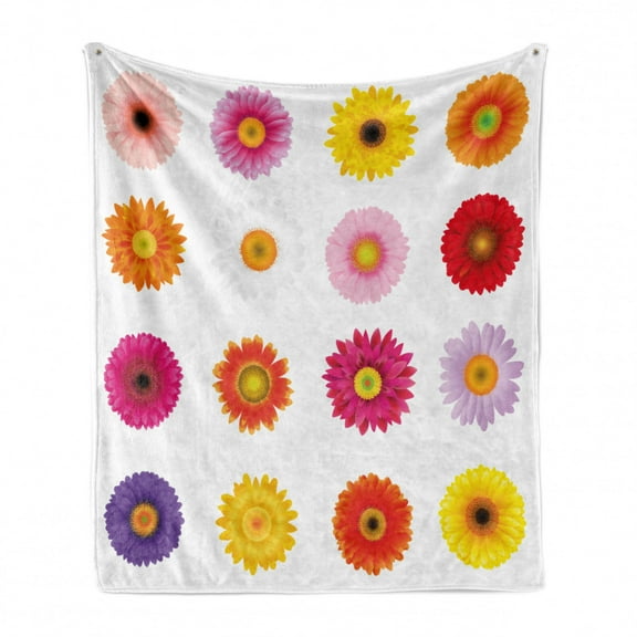 Gerber Daisy Soft Flannel Fleece Throw Blanket, Various Colorful Petals on Plain Backdrop Summer Flora Romance Print, Cozy Plush for Indoor and Outdoor Use, 60" x 80", Multicolor, by Ambesonne