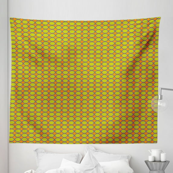 Oriental Tapestry, Antique Circular Floral Motif with Vibrant Colors, Fabric Wall Hanging Decor for Bedroom Living Room Dorm, 5 Sizes, Yellow Green Orange, by Ambesonne
