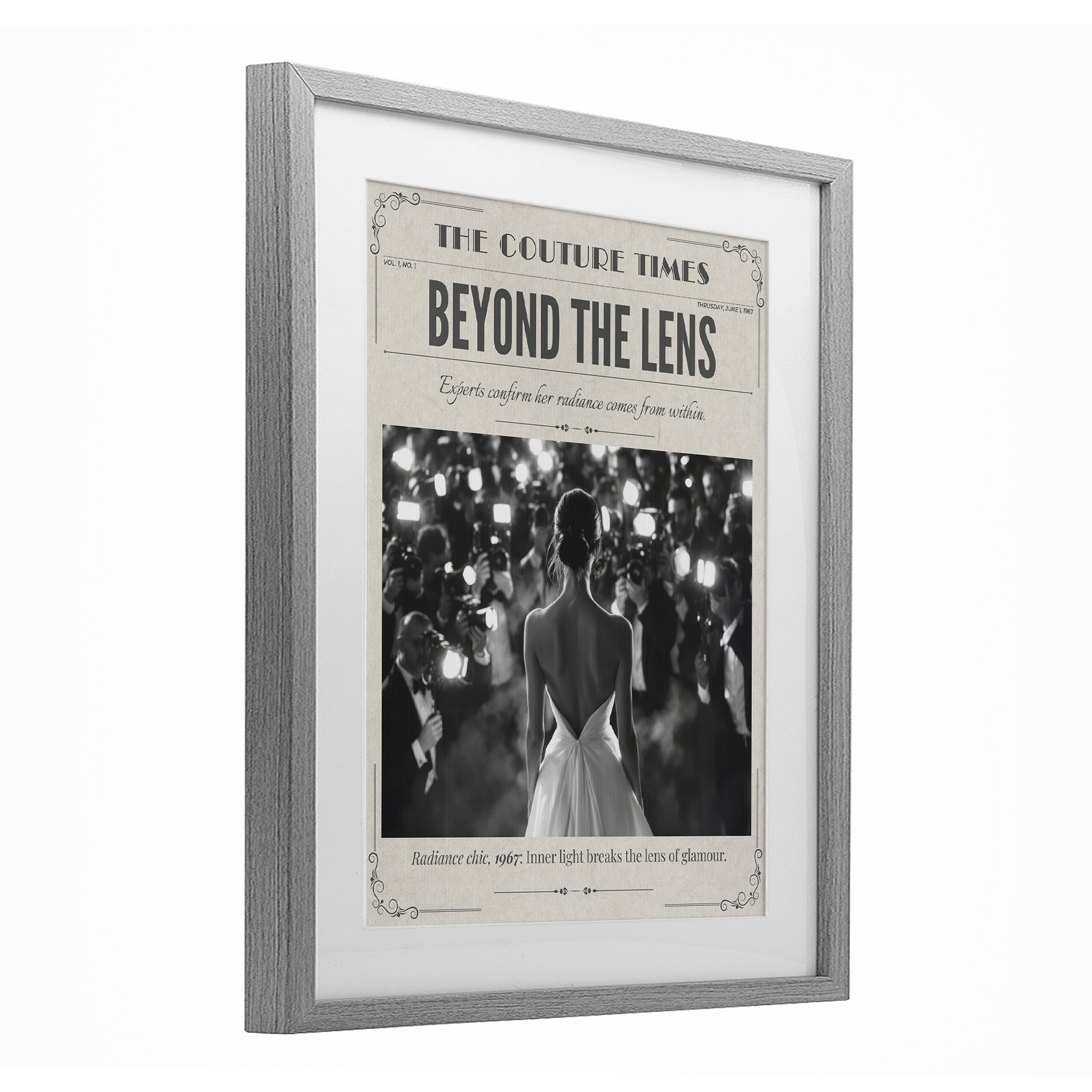 The Couture Times Magazine Gray Framed Print Under Glass, design by A Barefoot Stylist