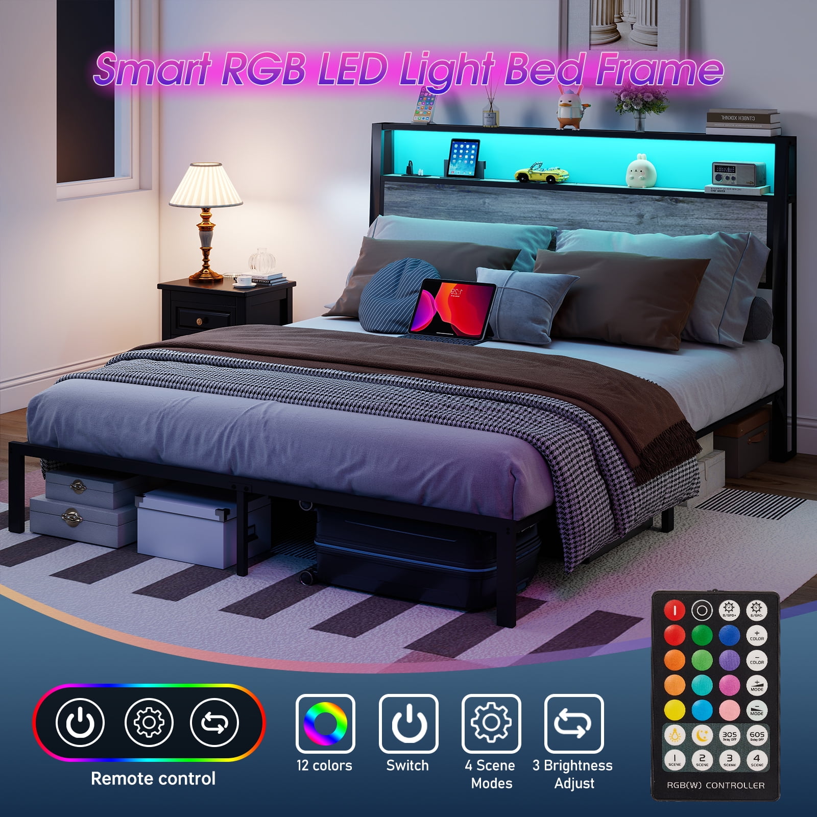 Leumius Full Size Bed Frame with Headboard, Platform Bed with RGB LED Light & Charging Station & Under Bed Storage Space, Easy Assembly, Gray