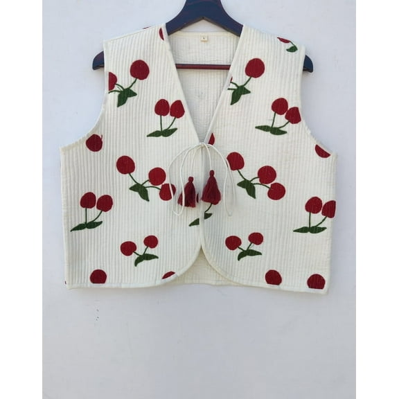 Handmade Cherry Print Sleeveless Red-White Jacket Cotton Drawstring Closure Upperwear for Women's