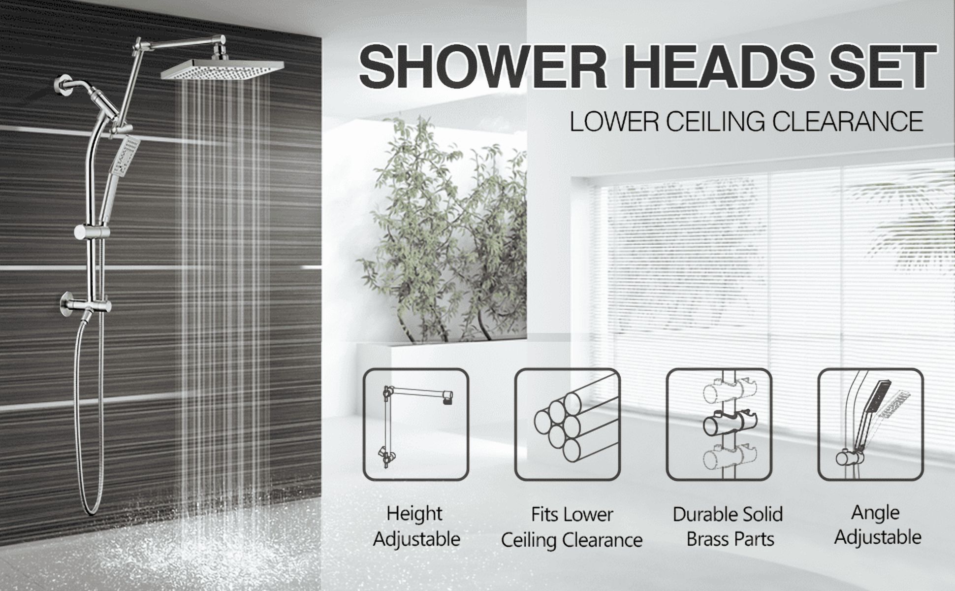 BRIGHT SHOWERS Rain Shower Heads System, Rainfall Shower Head with Handheld Spray Combo Includes Solid Brass Slide Bar, Height Adjustable Holder, Shower Extension Arm and 60" Hose, Brushed Nickel