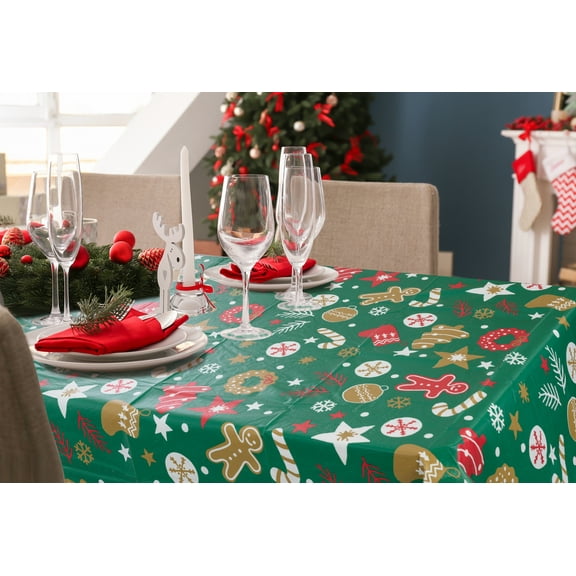 Serafina Home Christmas Gingerbread And Ornament Holiday Tablecloth, 52" x 70"