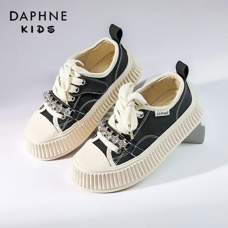 

DAPHNE Girls Casual Canvas Skate Shoes With Rhinestone Decoration Trendy Lace-up Non-slip Shoes