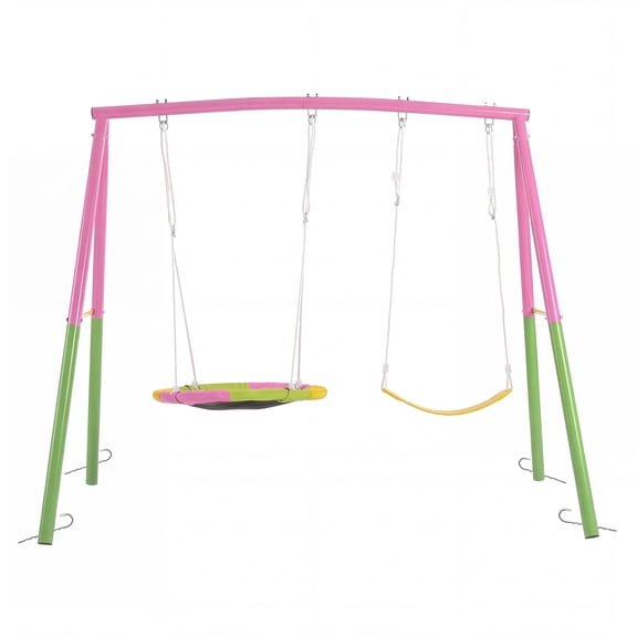 330lbs Heavy-Duty A-Frame Swing Set, Outdoor Metal Swing Stand with 32" Saucer Swing and Belt Swing Seat for Backyard Garden Patio