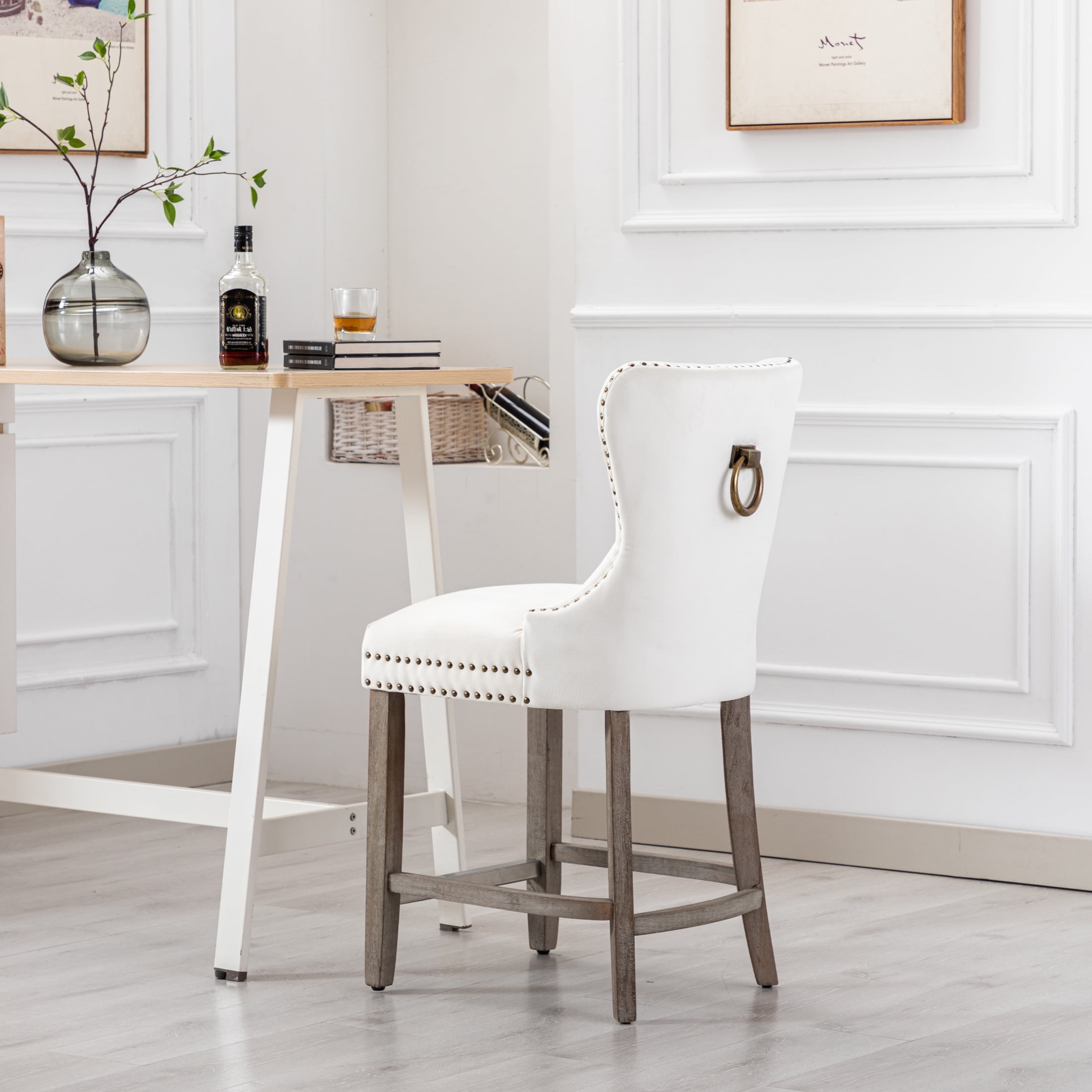 Westin Outdoor 24" Tufted Velvet Bar Stool, Antique Gray/Velvet Cream