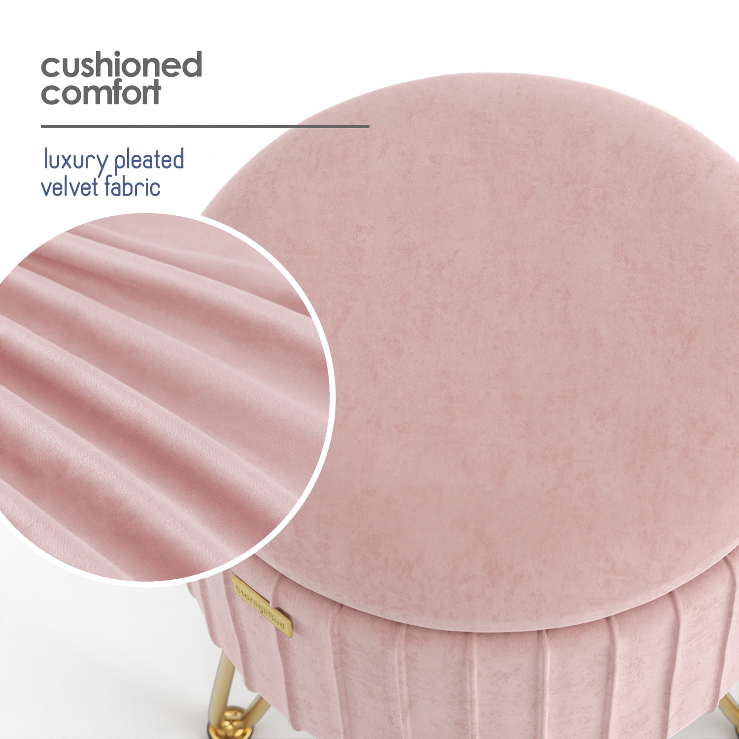LammaLoe Small Round Ottoman with Storage, Pleated Velvet Ottoman Foot Stool with Lid, Upholstered Vanity Stool for Living Room & Bedroom, Pink
