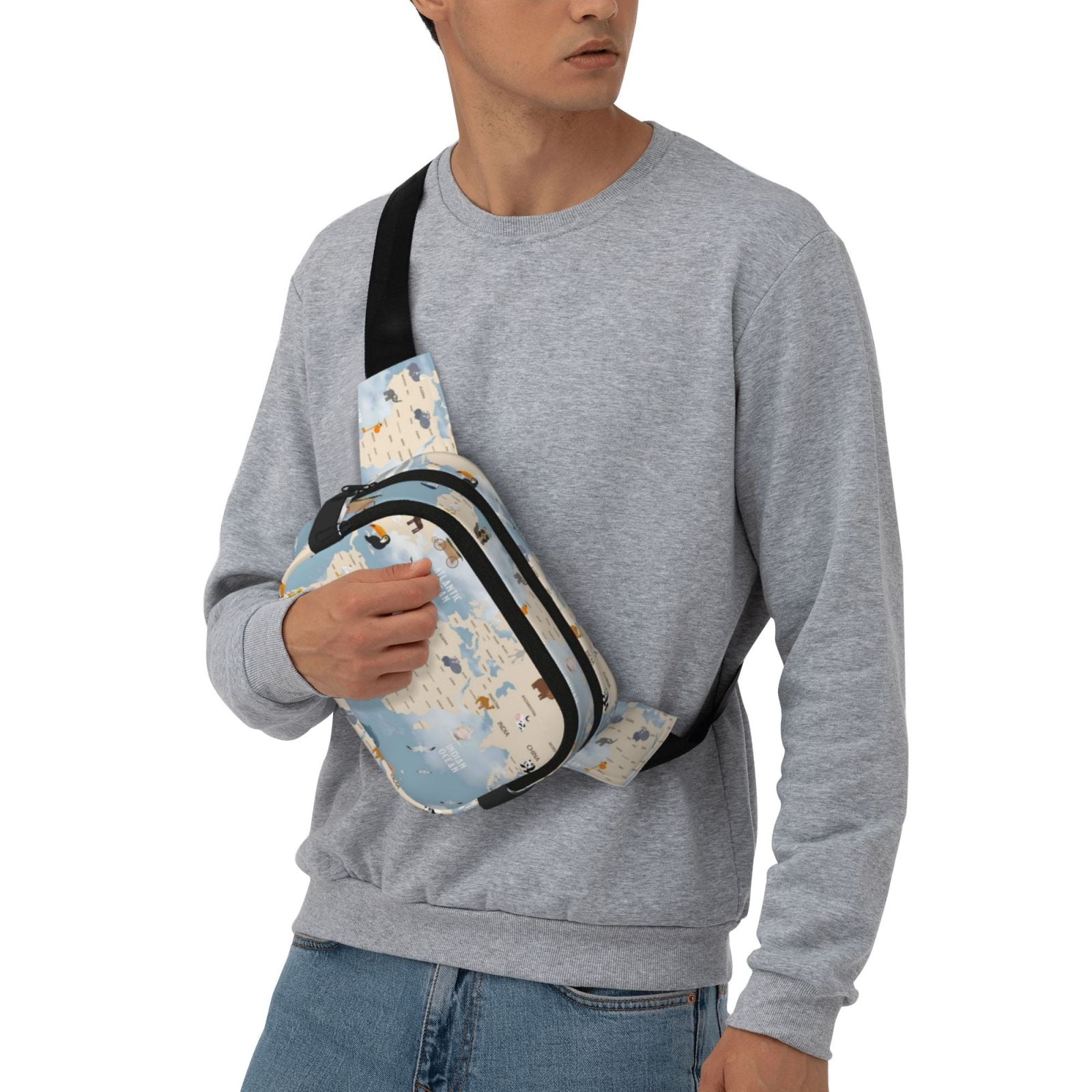 Picia Animals Travel World Map Print Square Double-Layer Waist Bag Mini Adjustable Waist Belt Bag Exercise Running Travel Hiking