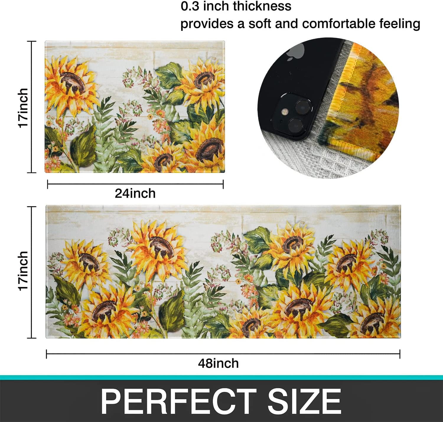 Sunflower Farmhouse Kitchen Rugs Set 2 Piece Colorful Fall Flowers Decorative Rug for Kitchen Low-Profile Floor Mats Decorations for Home Kitchen (17"x48"+17"x24")
