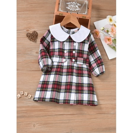 

Toddler Girls Plaid Peter pan Collar Fake Button Dress Multicolor Preppy A040W
