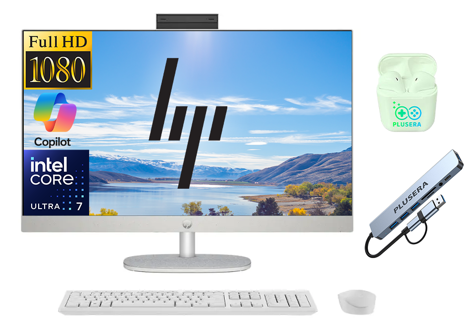 HP 27" FHD All-in-One Desktop Computer, Intel 12-Core Ultra 7 155U Processor, 32GB RAM 1.5TB Storage (1TB SSD+512GB External), Wireless Keyboard & Mouse, Windows 11, PLUSERA Earphones, White