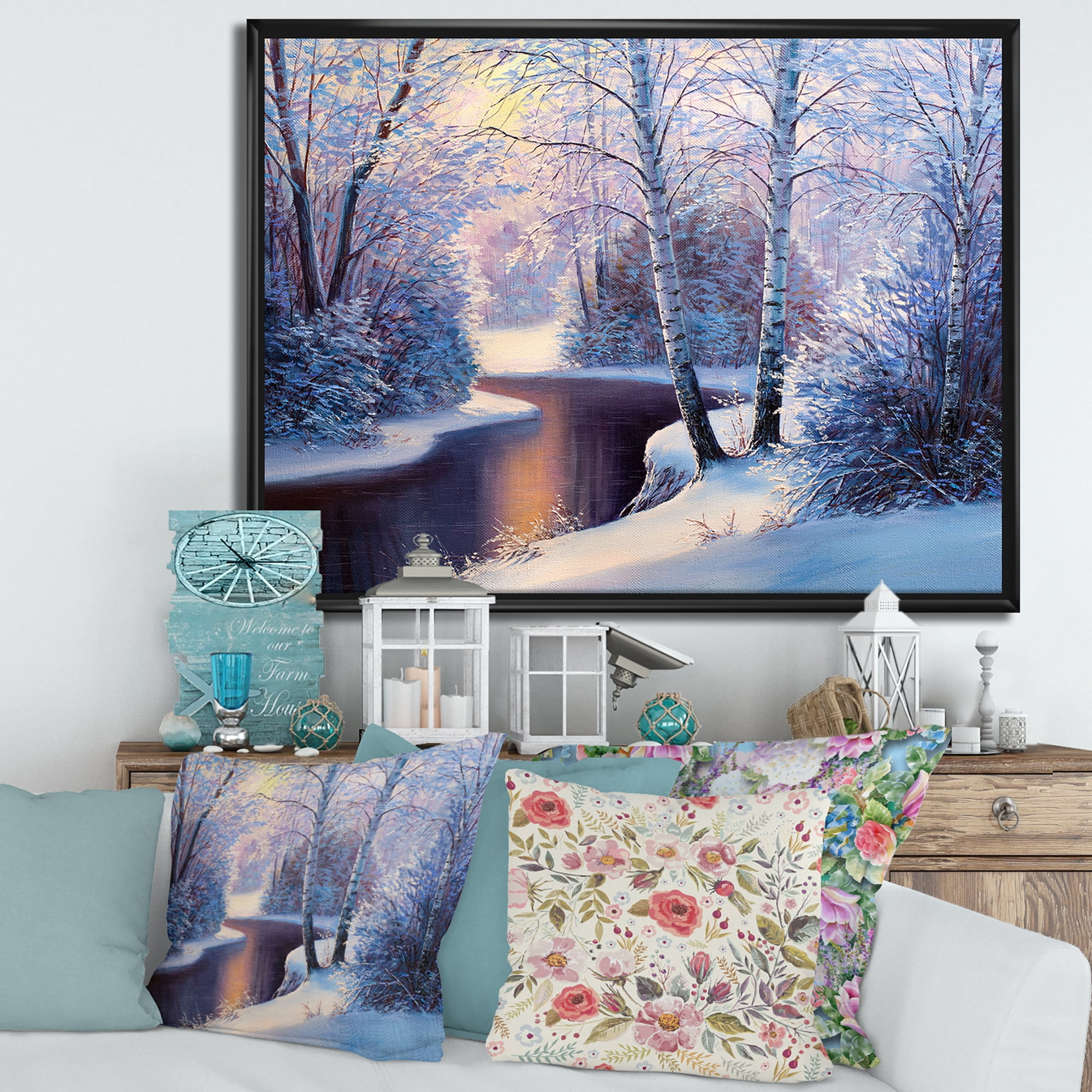 Designart 'Christmas Forest With Trees and River I' Traditional Framed Canvas Wall Art Print