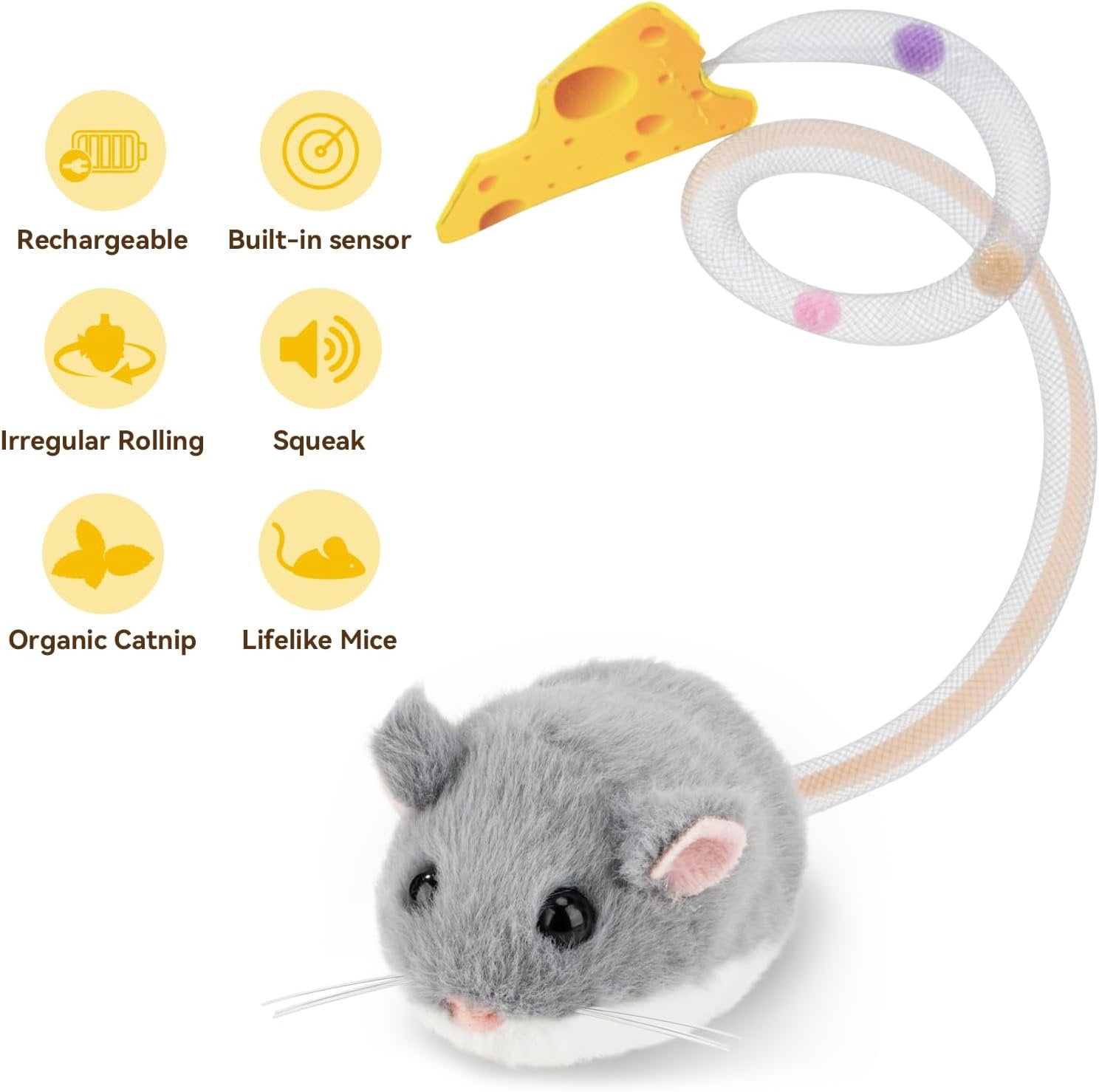 Interactive MigiMouse   360? Rolling & Spin with Mesh Plastic Tail for Indoor Cats  Motion Sensor, Realistic Squeak, Rechargeable Plush Kitten (Grey)