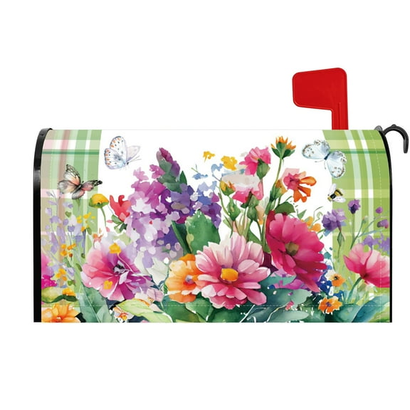 PBOBRIICH Watercolor Flower in Green Checkered Magnetic Mailbox Covers Standard Size 18x21
