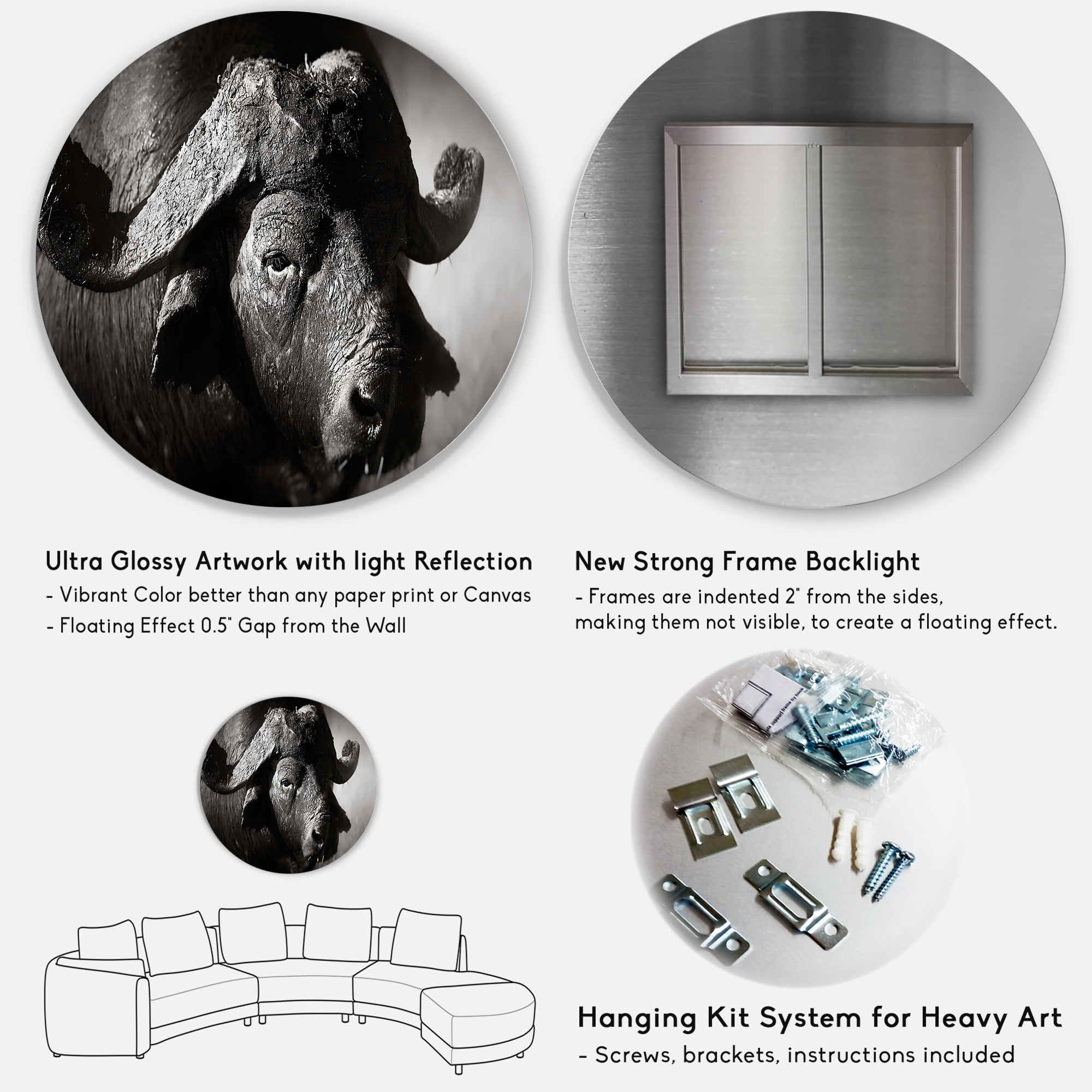 Designart 'Black and White Portrait Of Buffalo II' Farmhouse Circle Metal Wall Art 36x36 - Disc of 36