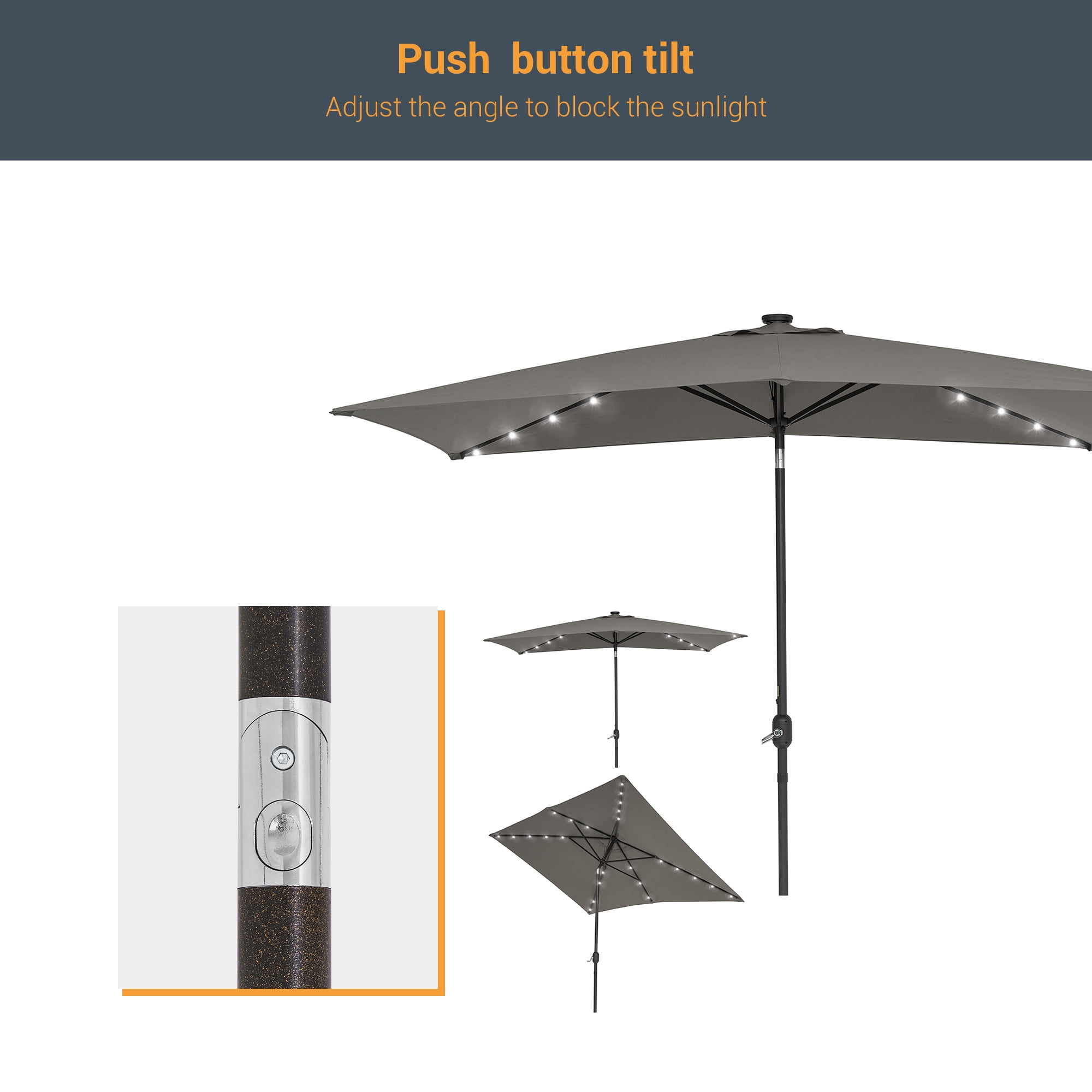 ACEGOSES 10x 6.5ft LED Solar Outdoor Patio Rectangle Table Umbrellas with Non-Fading Canopy for Garden and Yard,Gray