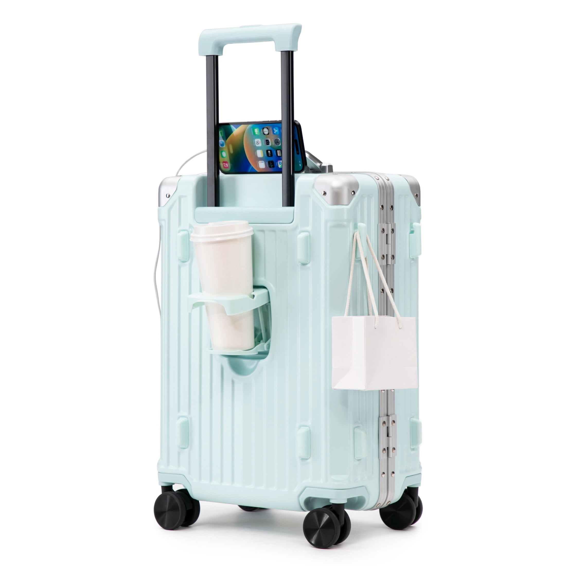 GDF Studio 20" Aluminum Frame ABS Carry-On Luggage with Charging Port & Cup Holder, Spinner Wheels Travel Trolley, Blue