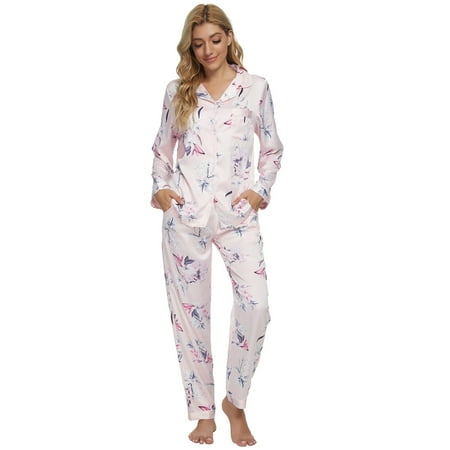 

Unique Bargains Women s Pajama Set Satin Silky Floral Shirt and Pants 2pcs Sleepwear Sets