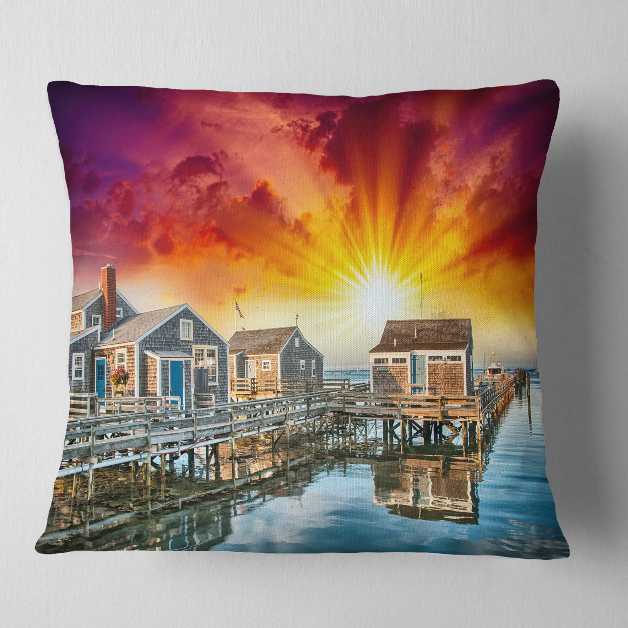 Designart Wooden Homes at Sunset - Landscape Photo Throw Pillow - 16x16