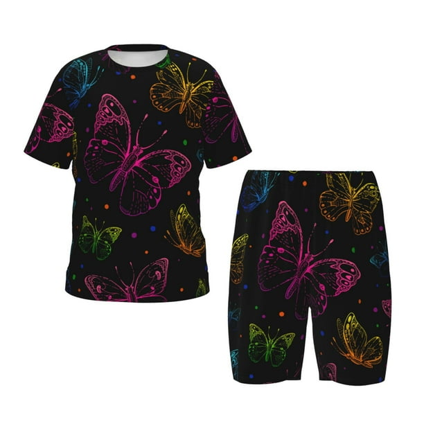 Balery Butterfly Conjunto de Pijama Infantil de Manga Corta con Estampado – Ropa de Dormir de Algodón Suave-Medium